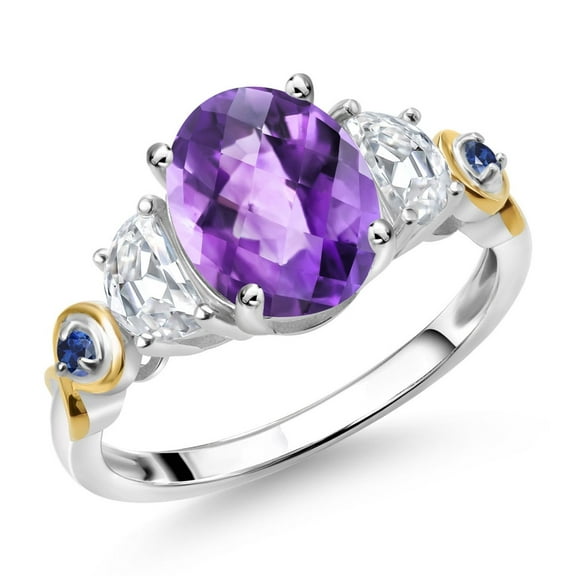 Gem Stone King 925 Silver and 10K Yellow Gold 3-Stone Ring Oval Checkerboard Purple Amethyst and Moissanite (2.00 Cttw, Size 8)
