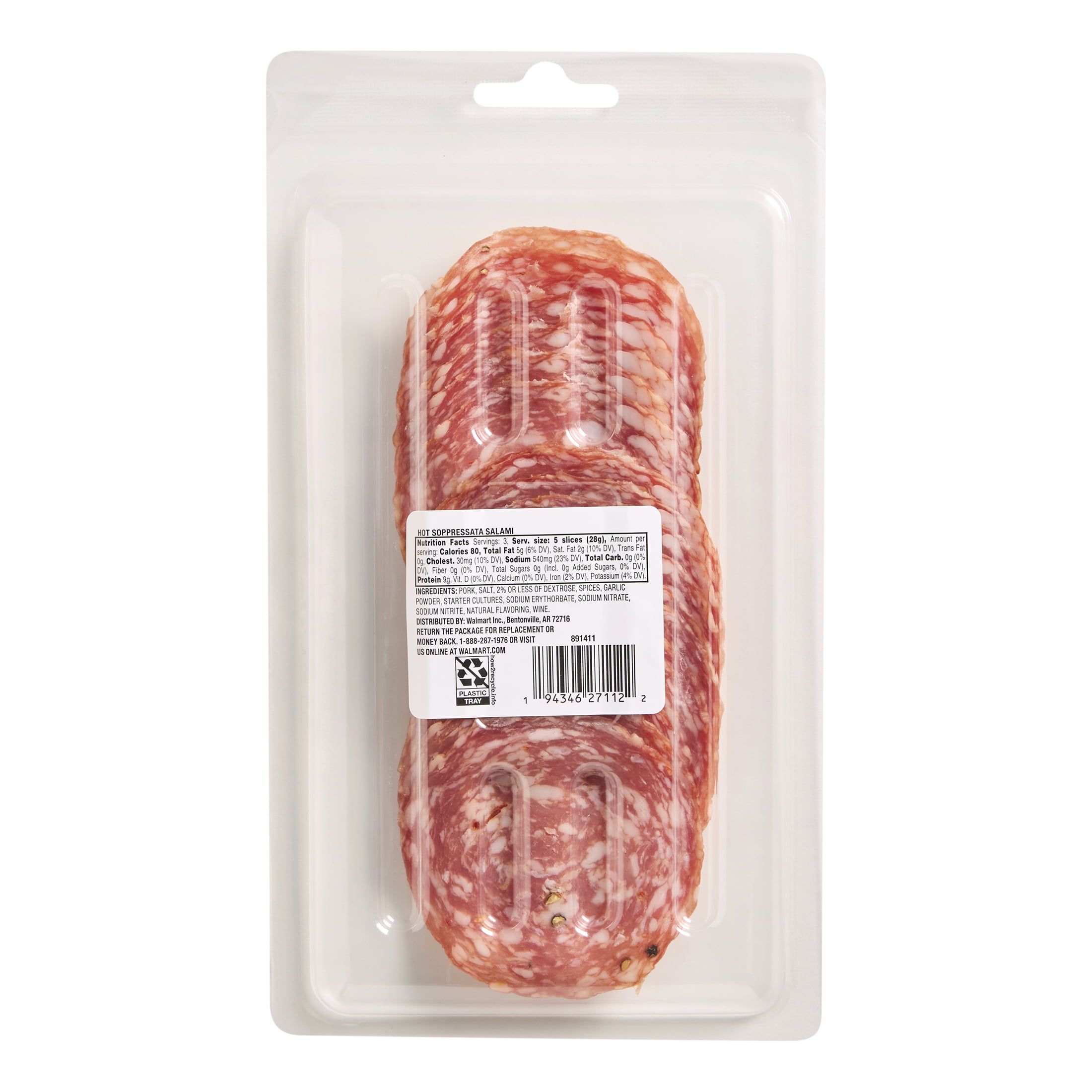 Prima Della Sliced Hot Soppressata Salami Ready to Eat Sliced Charcuterie Meat, 3 oz Plastic Tray