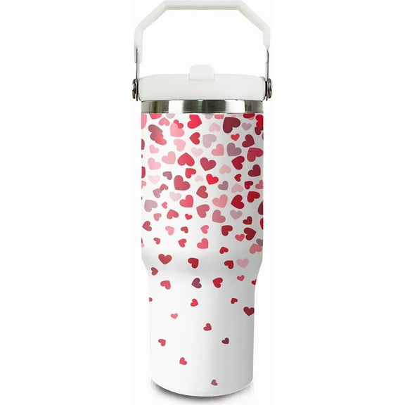 30oz Valentines Tumbler with Handle and Straw, Valentine Insulated Tumbler, Leak Proof Travel Coffee Mug, Reusable Stainless Steel Heart Tumbler, Valentines Gifts for Her