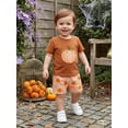thumbnail image 6 of Cjfdfy Toddler Baby Boy Halloween Thanksgiving Outfits Infant Baby Boys Summer Fall Clothes Pumpkin Embroidery Short Sleeve Pumpkin T Shirt Tops and Elastic Waist Plaid Shorts 2Pcs Set, 6 of 9