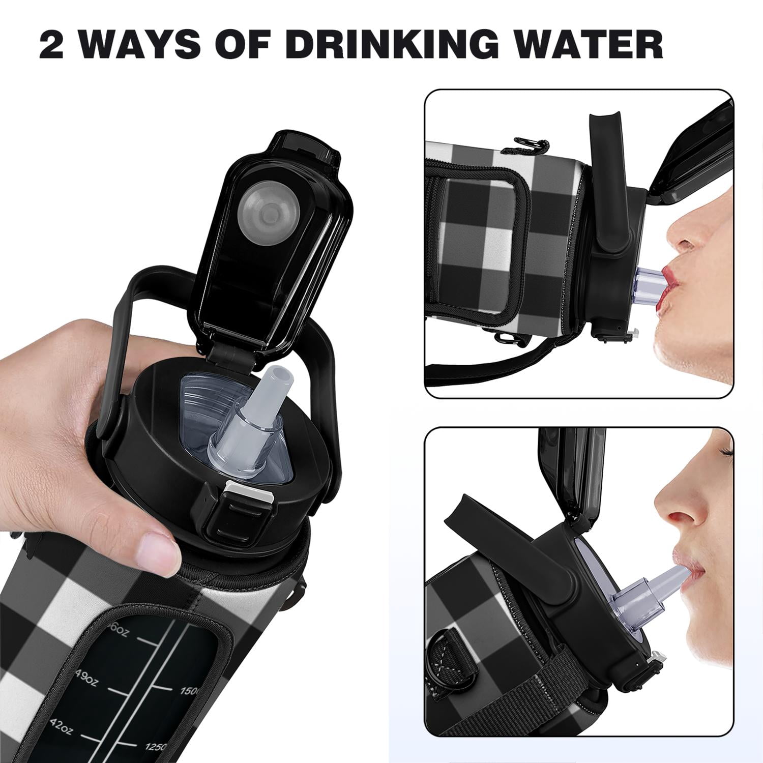 Black and White Check 64 Oz Water Bottle with Sleeve - BPA Free Leakproof Sport Large Plastic Water Bottle with Straw Strap & Insulated Neoprene Holder Carrier Bag Great Gift for Women Men