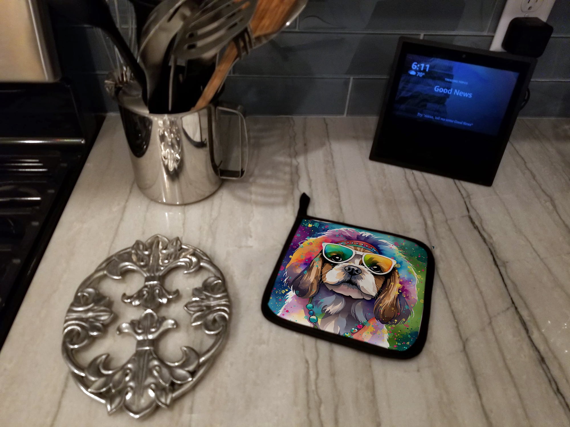 Shih Tzu Hippie Dawg Pair of Pot Holders 7.5 in x 7.5 in