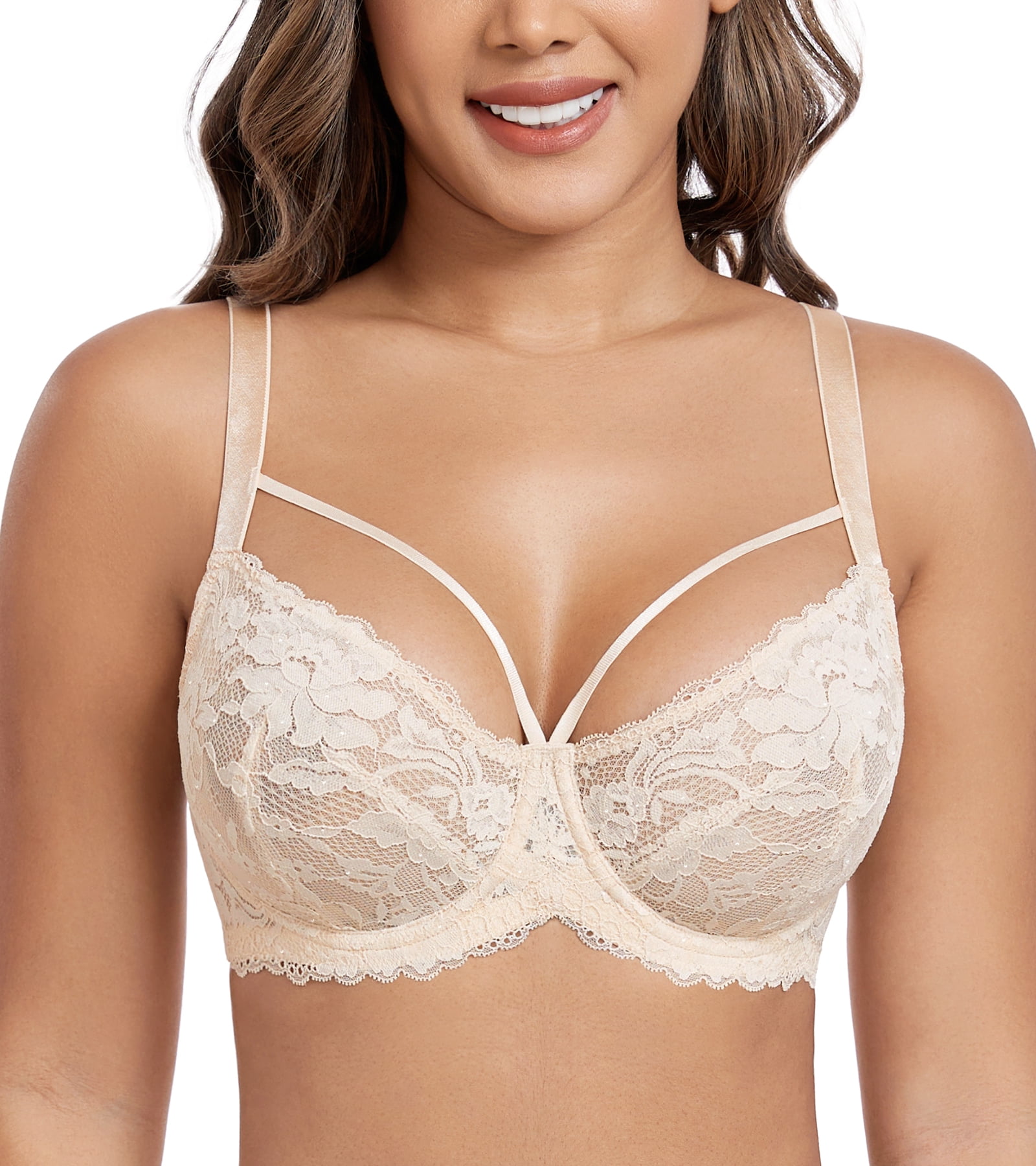 Exerin Women's Sexy Lace Bras Underwire Plus Size See Through Mesh Sheer Bra(Beige,44DD)