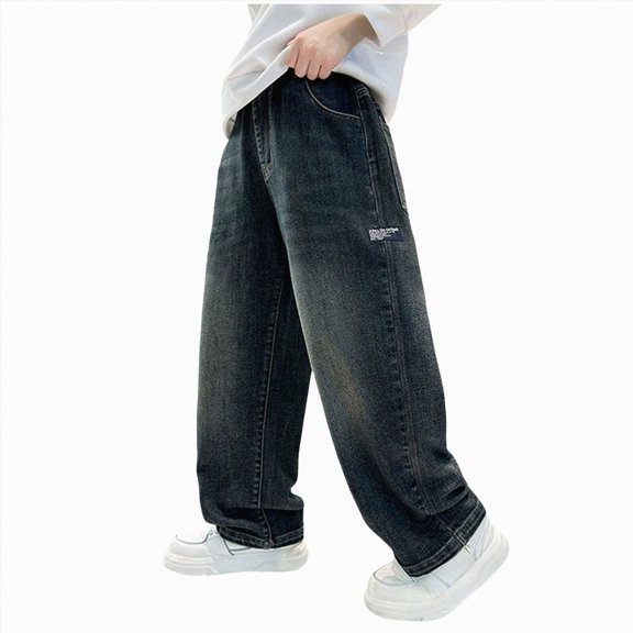 NOLDARES Boys Jeans Teens Preppy Oversized Baggy Pants High Waisted Wide Leg Baggy Jeans Kids Fashion Straight Leg Loose Denim Pants,Blue,10-12 Y