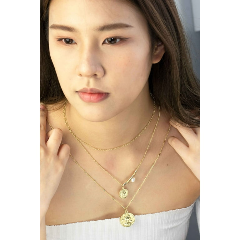 3-Layered Necklace Set - Large-Small Queen Elizabeth II Coins Necklaces - 18K Yellow Gold Plating Over Silver - Mixed Chain Necklace Set, Women's