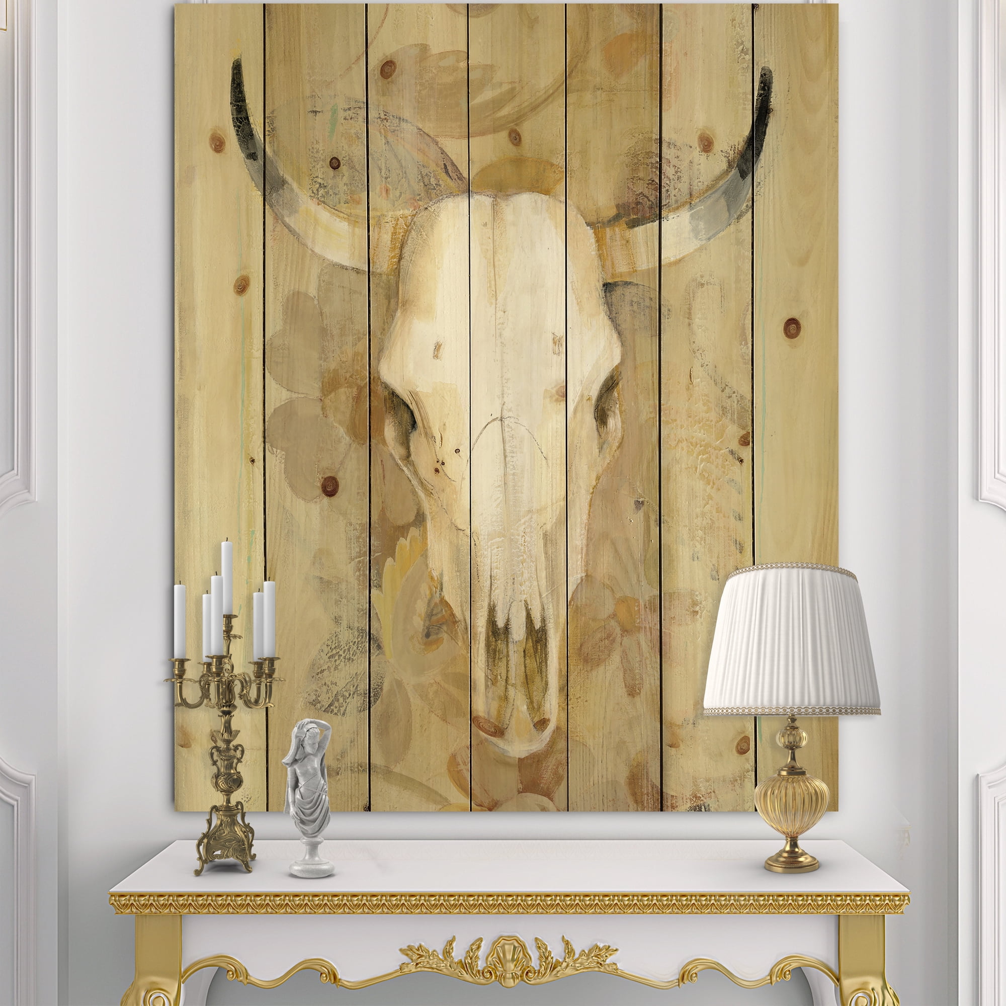 Designart 'Hers southwest bones' Gold Wildlife Print on Natural Pine Wood