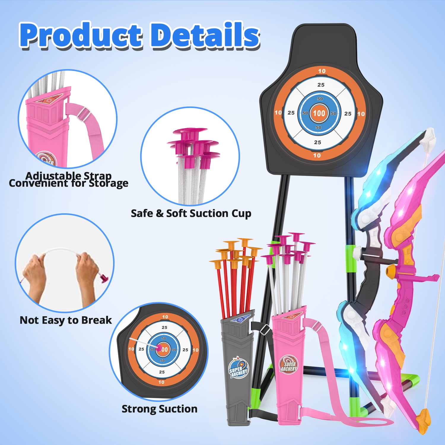 WonderStone 2-Pack Bow and Arrow for Kids, LED Light-Up Archery Set with 20 Suction Cup Arrows, Standing Target & Quiver, Outdoor Yard Games Toys for Ages 4-13