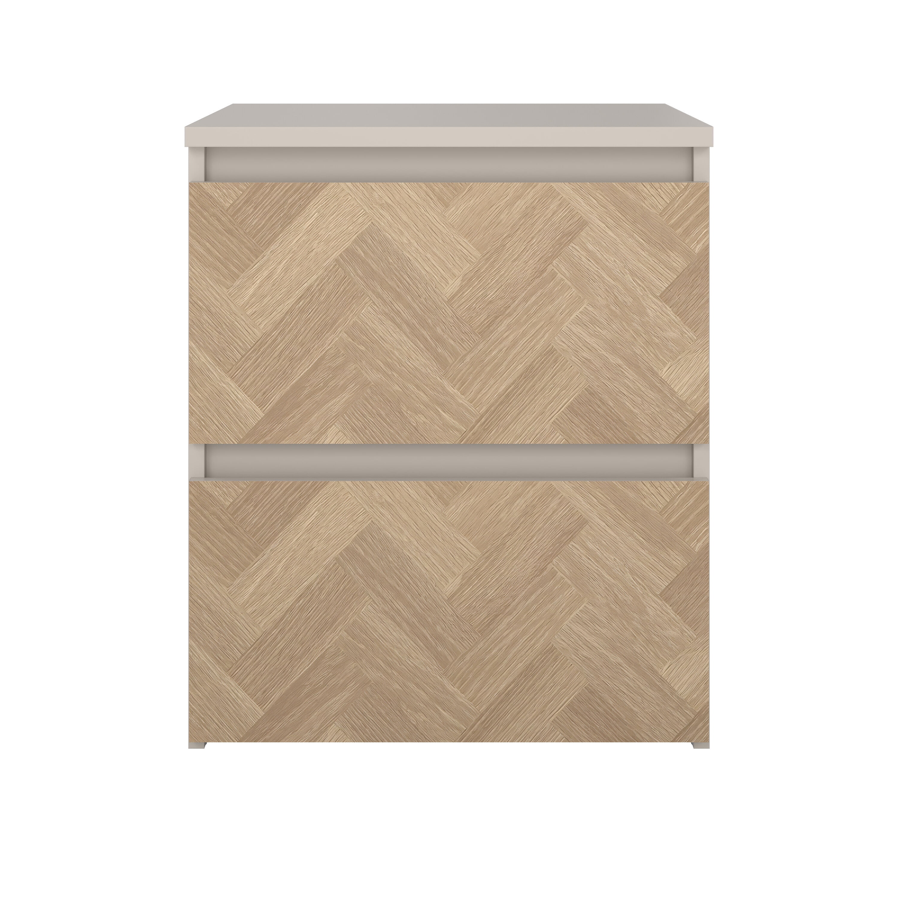 Tvilum 2 Drawer Herringbone Nightstand with Handle-Free Drawers, Soft Beige / Herringbone