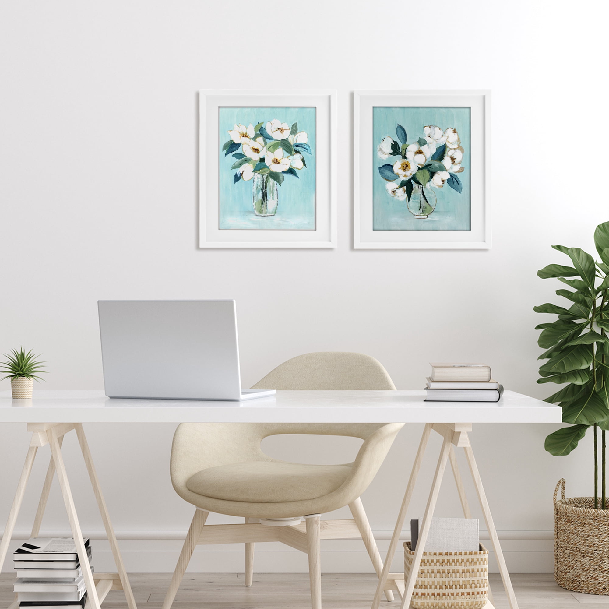 Stupell Industries Magnolia Blossom Vases 2 Piece White Framed Print Under Glass Set, design by Janet Tava
