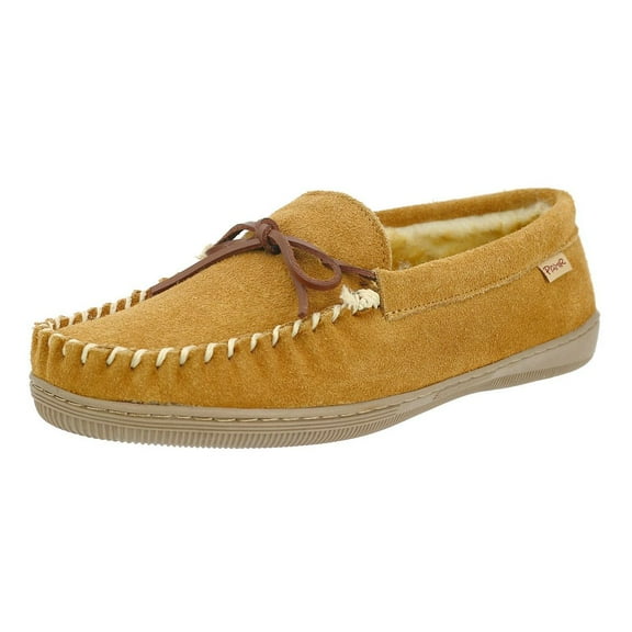 Pamir Men's Genuine suede Faux Fur Lined Slip on Moccasin Slippers Indoor Outdoor Tan 8M US