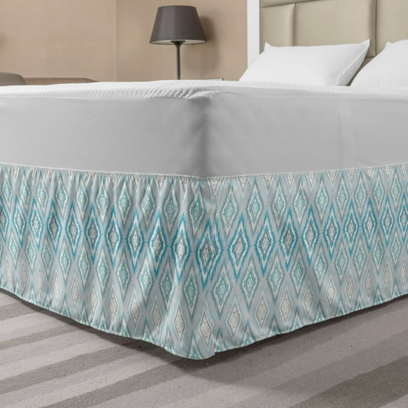 Ikat Bed Skirt, Aztec Culture Inspired Geometrical Motifs with Weathered Look South American, Elastic Bedskirt Dust Ruffle Wrap Around for Bedding Decor, 4 Sizes, Blue Pale Grey White, by Ambesonne