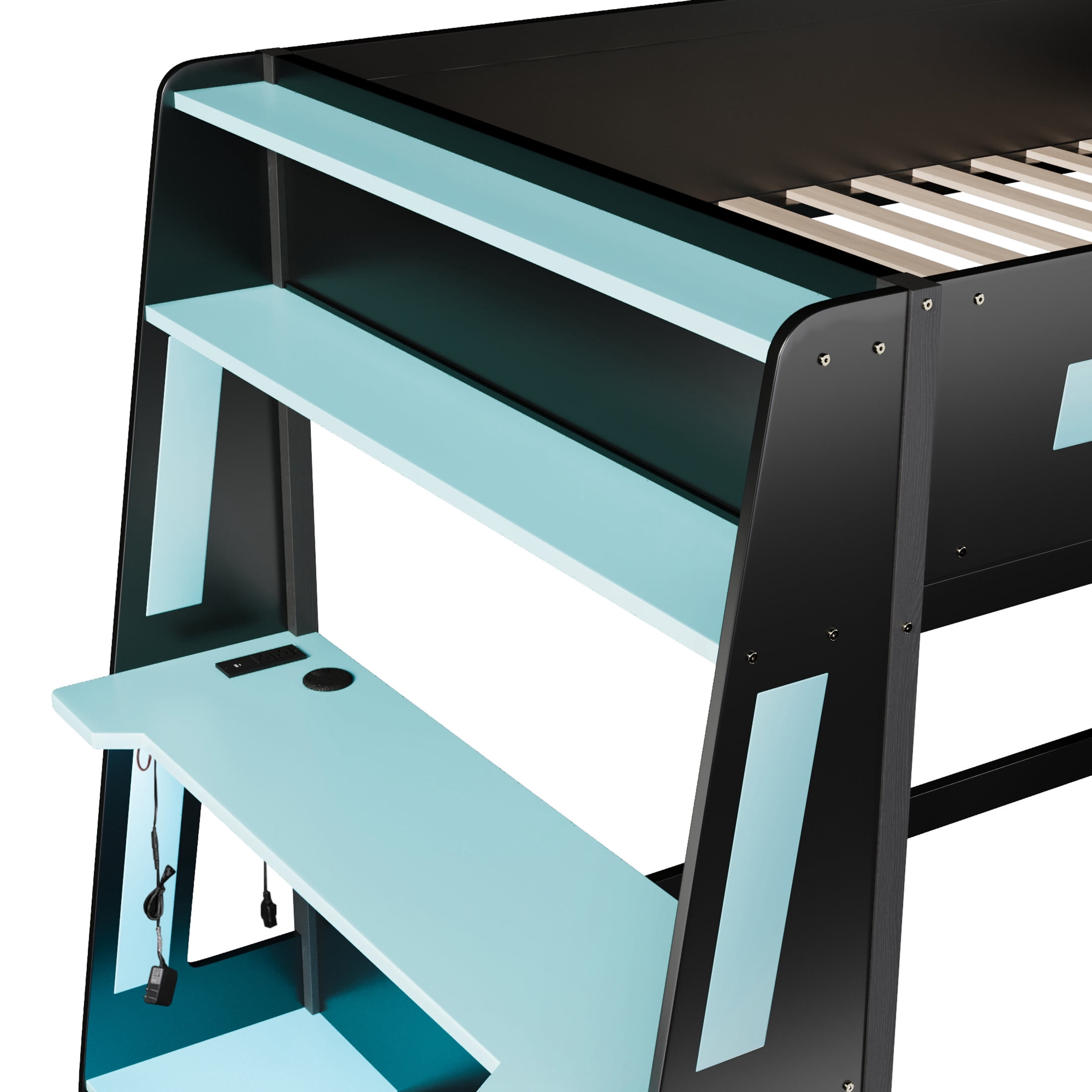 Noble House Nira Full Gaming Bunk Bed with Desk and LED Lights, Wood Loft Bed with Charging Ports, Black and Blue