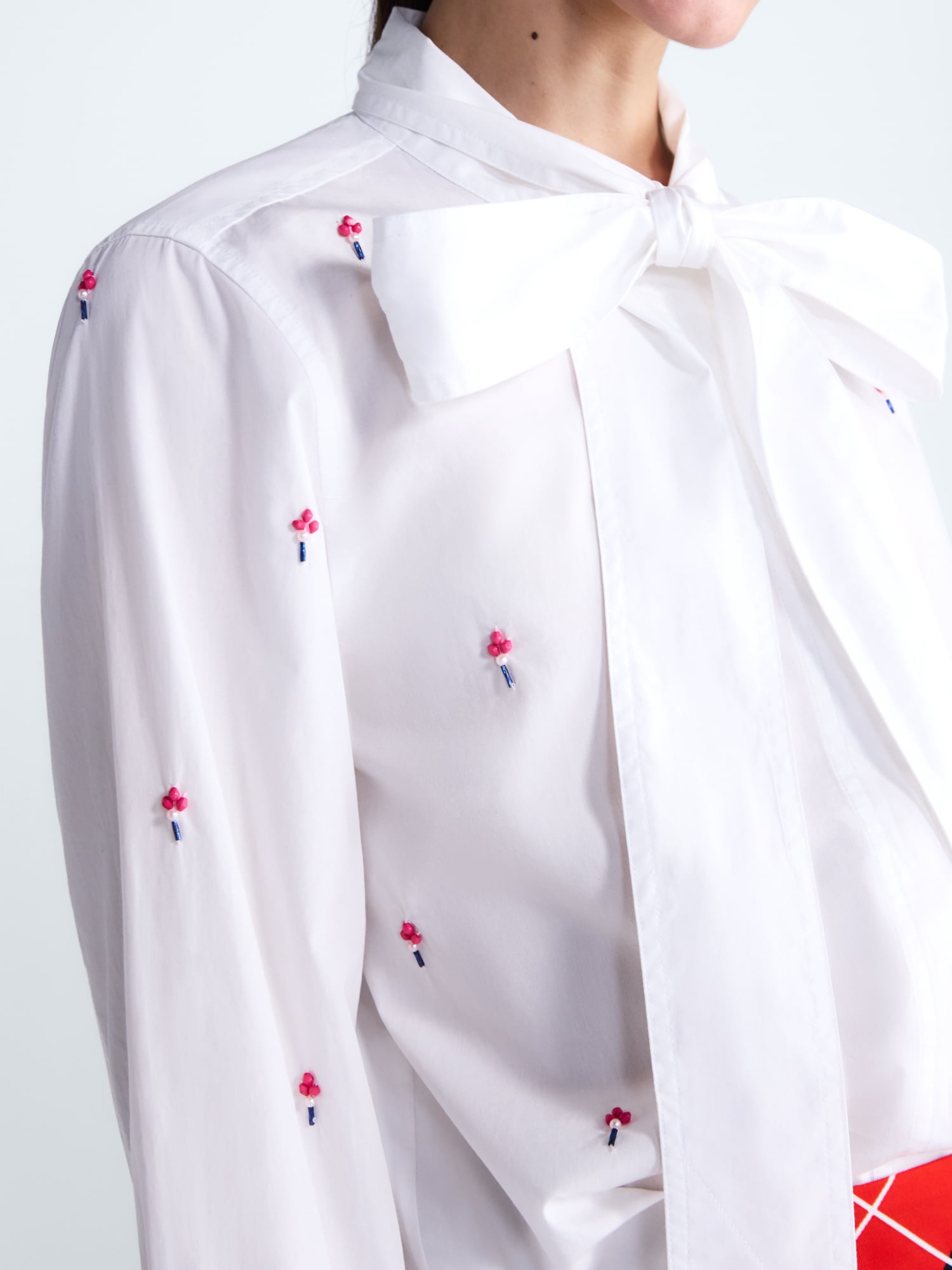 Free Assembly Women's and Women's Plus Beaded Tie Neck Cotton Shirt with Long Sleeves, Sizes XS-4X