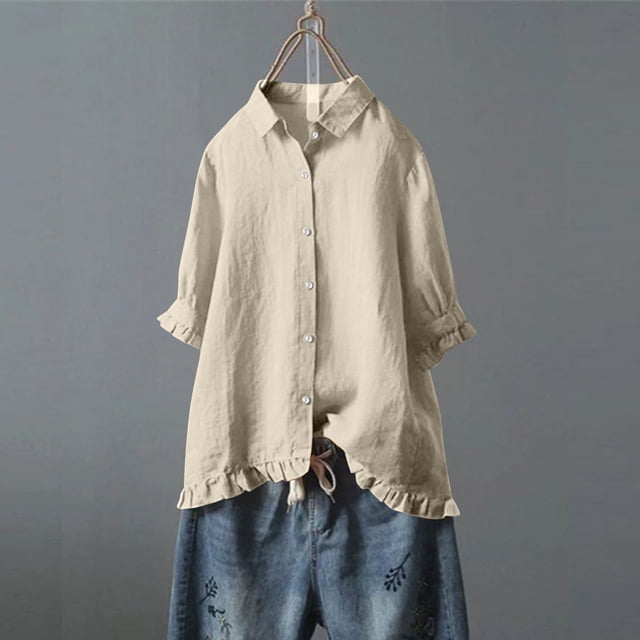 VKOYWKM Linen Shirts for Women Ruffle Trim 3/4 Sleeve Tops Plus Size Button Down Collared Blouses Solid Color Dressy Casual Blouses