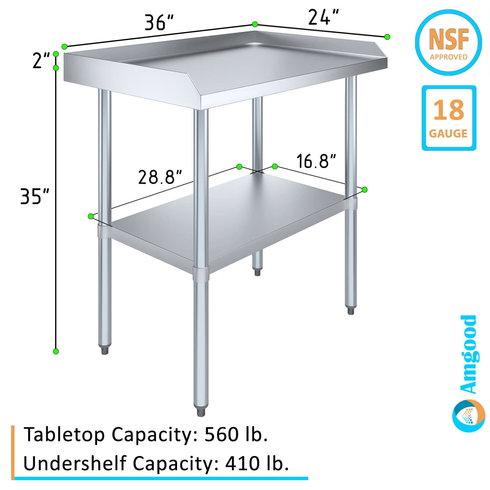 AmGood 36" Long x 24" Deep Commercial Work Table with Backsplash and Sidesplashes | Stainless Steel Prep Table for Kitchen, Restaurant, Garage, Laundry | NSF