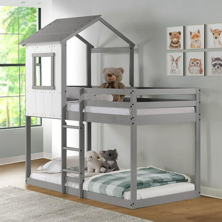 P'kolino Twin Over Twin Tree House Low Bunk Bed, Rustic White with Light Gray Frame