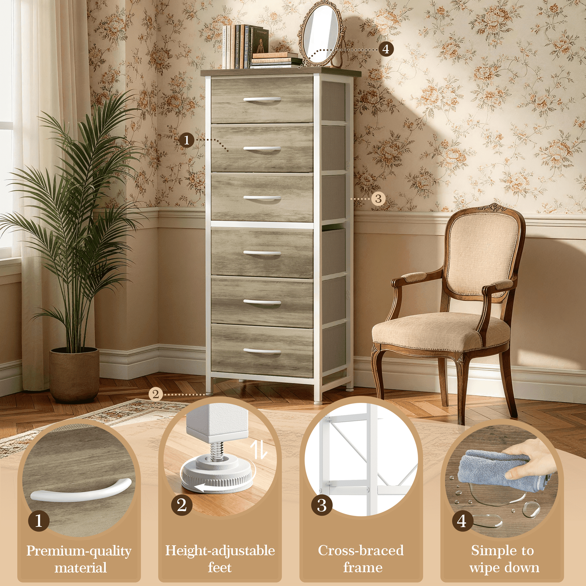 CONCETTA Tall Storage Dresser with 6 Fabric Drawers, Metal Frame with Cross Support Rods, Anti-Tip, Wood Top for Bedrooms, Offices and Compact Spaces, Oak