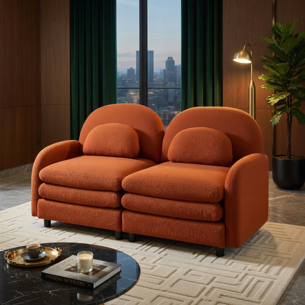 Hommoo Teddy Fleece Modular Loveseat Sofa, 2-Seater Cloud-Like Comfort Couch with Curved Backrest, Lumbar Pillows & Double-Layer Cushions, Orange