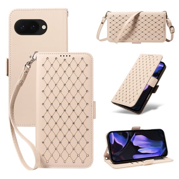 Shiny Diamond Wallet Case for Google Pixel 10a, PU Leather TPU Flip Cover with Shoulder Strap Wrist Strap Card Slots Cash Pocket Magnetic Clasp Kickstand Protective Folio Phone Case, Beige