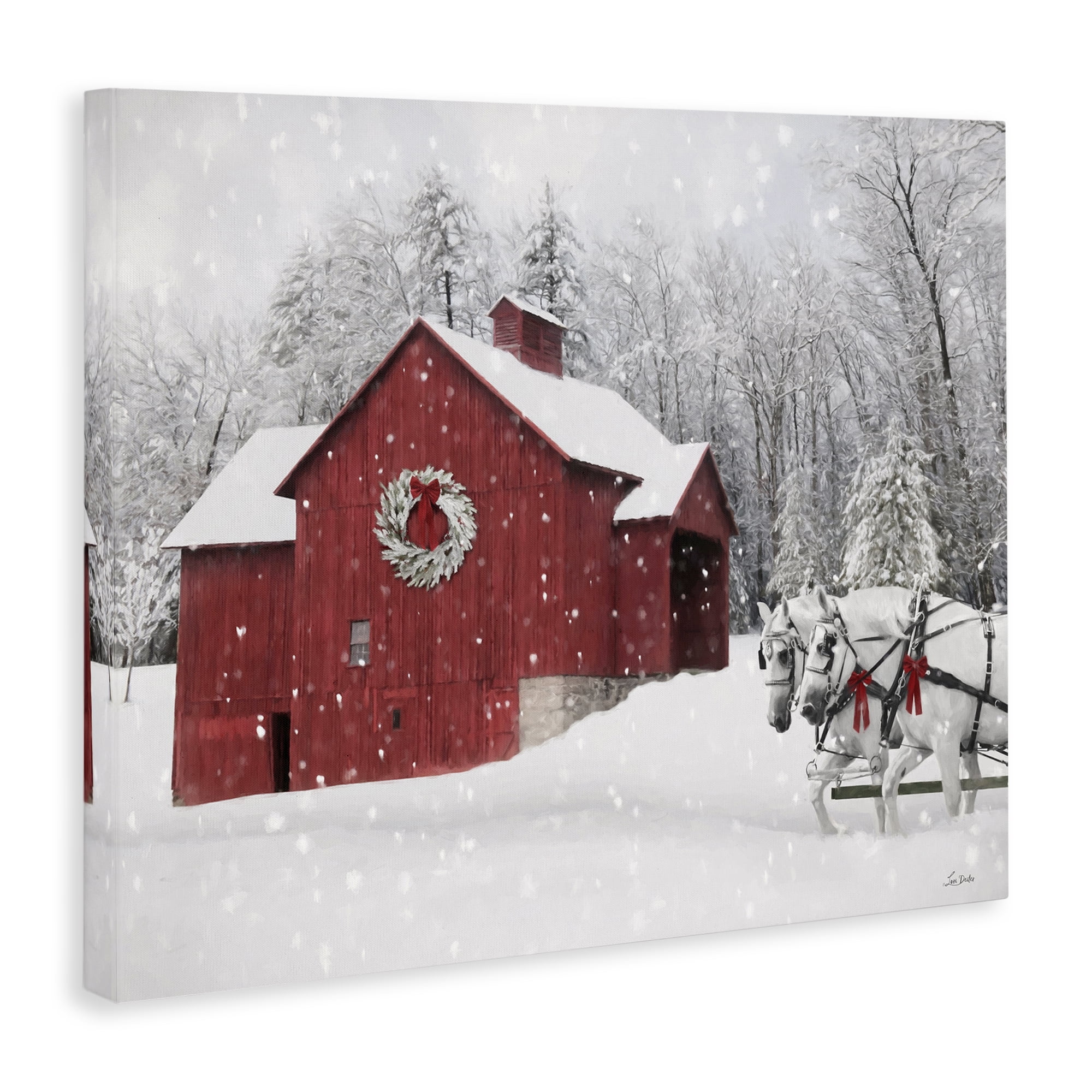 Stupell Industries Snow Covered Red Barn Holiday Painting Gallery Wrapped Canvas Art Prints Wall Art, 20 x 16