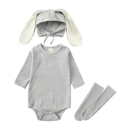 

Baby Boys Girls Bunny Outfits Ribbed Bodysuit Romper With Long Bunny Ear Hat Socks Clothes Set Bow Outfit