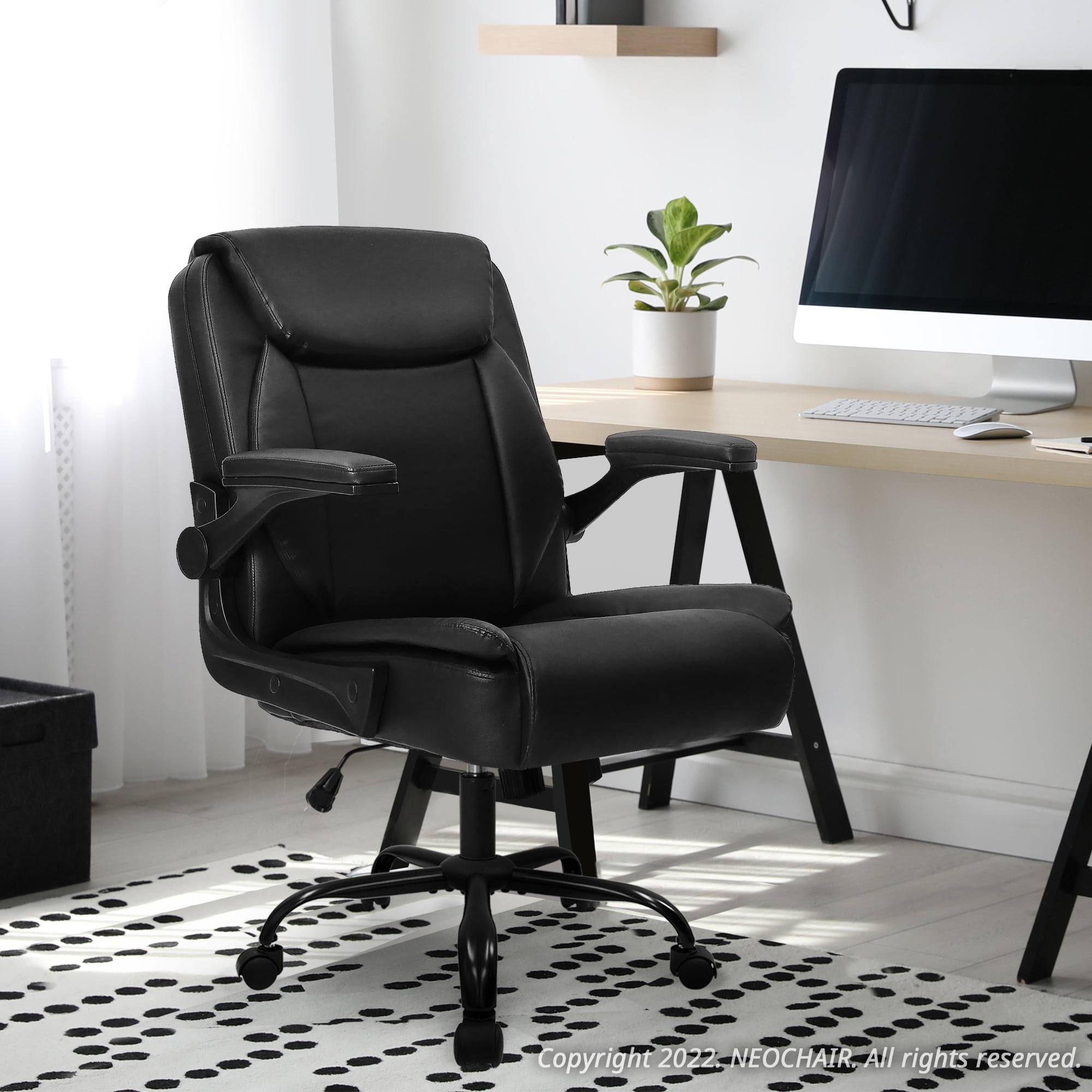 NEO CHAIR Leather Office Chair, Ergonomic PU Mid Back Executive Desk Chair with Flip-up Arms, Jet Black