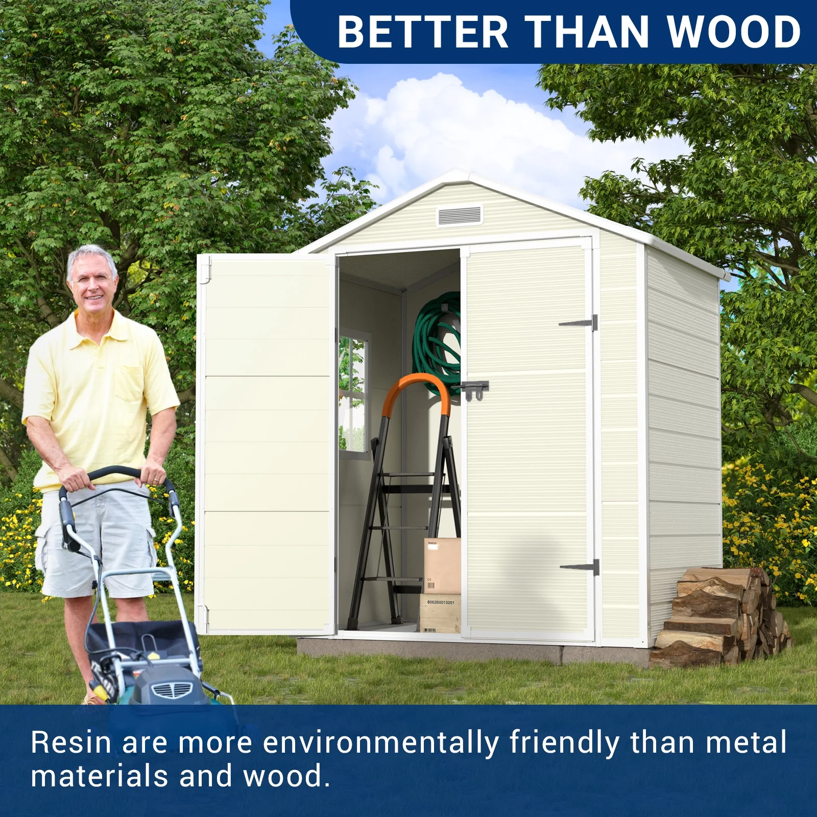 Amopatio Storage Shed 6×4.5 FT, Resin Sheds & Plastic Outdoor Storage with Floor Outdoors Garden Tool Shed Tuff Outside Patio Shed with Lockable Door for Bike,Sandstone