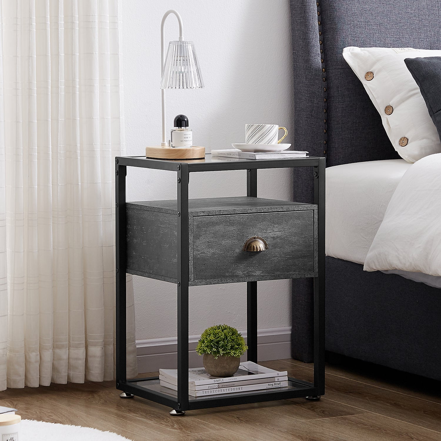 VECELO Tempered Glass Top Nightstand with Drawer, Modern Bedside/Sofa