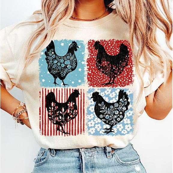 4th of July Chicken TShirt, Patriotic Chicken Tee Shirts, America Coquette Tees, Memorial Day Funny USA TShirt, Floral Checkered, Funny Chicken