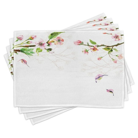 

Watercolor Placemats Set of 4 Apple Tree Blooming in Spring Season Branches Falling Leaves Romantic Washable Fabric Place Mats for Dining Room Kitchen Table Decor Pale Pink Green by Ambesonne