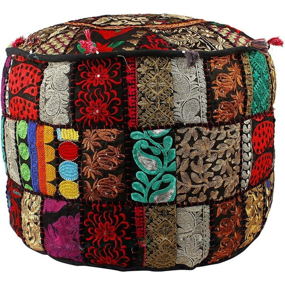 Indian Pouf Footstool Ethnic Embroidered Pouf Cover, Indian Cotton Round Pouffe Ottoman Pouf Cover Pillow Ethnic Decor Art-Black-22 x 14 Inch