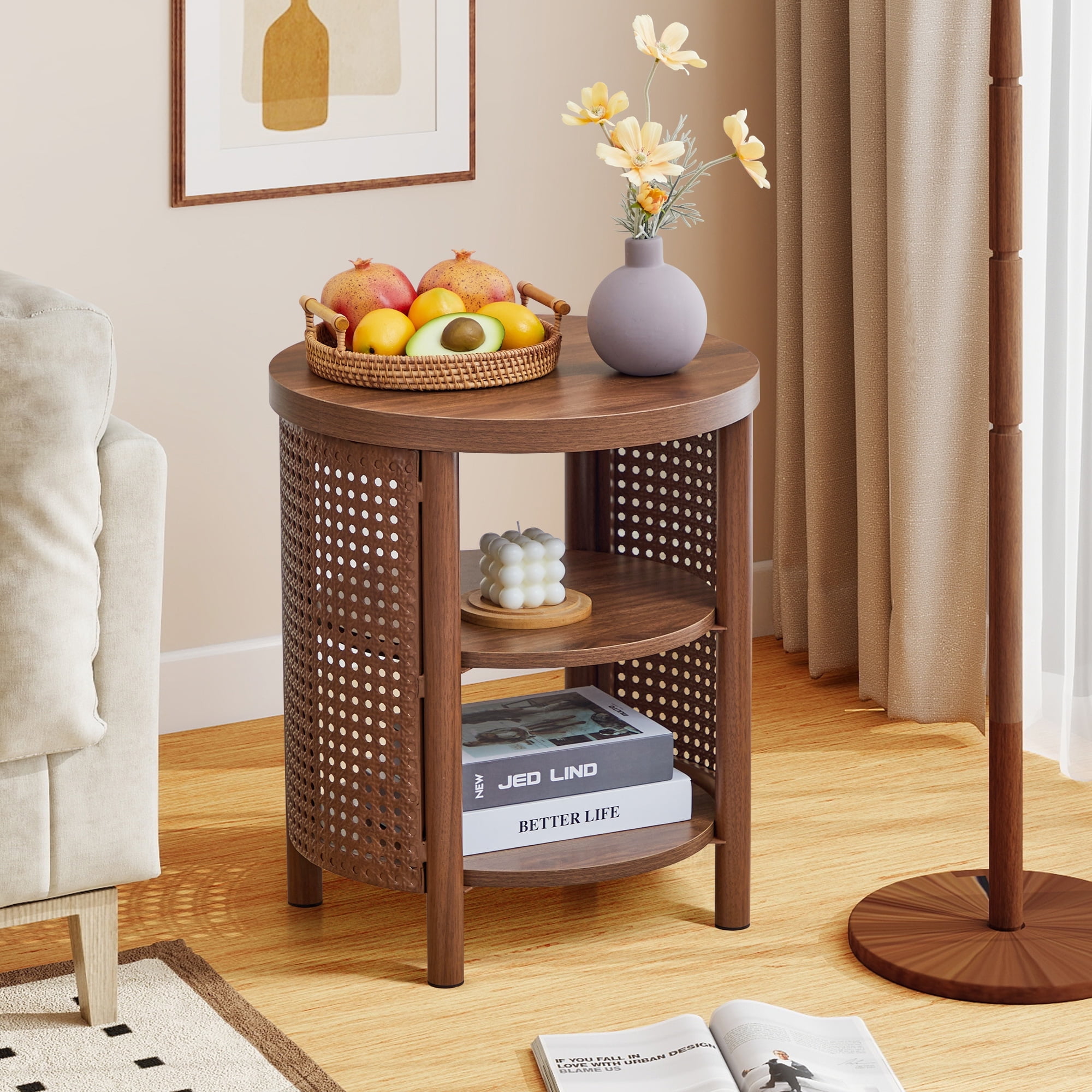 YOCWO Small Round End Table Set of 2 with Open Storage for Small Space, 3 Tier Accent Table Side Table with Iron Rattan Decor, Walnut