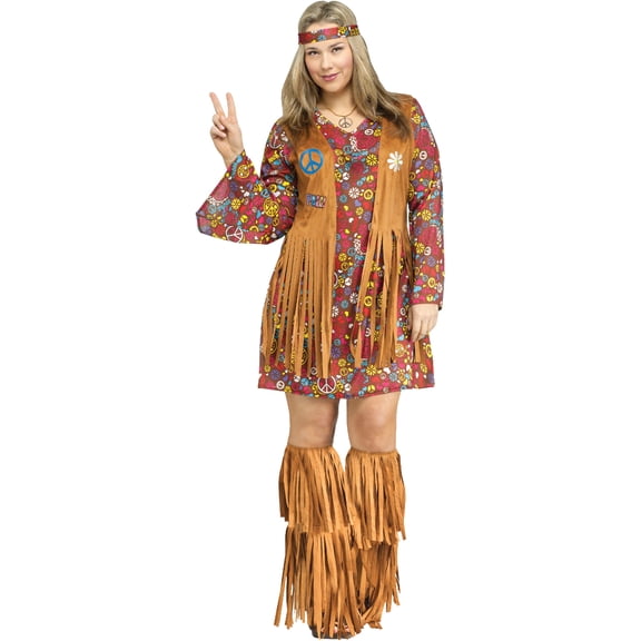 FunWorld Costumes Women's Groovy Peace And Love Hippie Fringe Dress Costume Plus Size 16-20