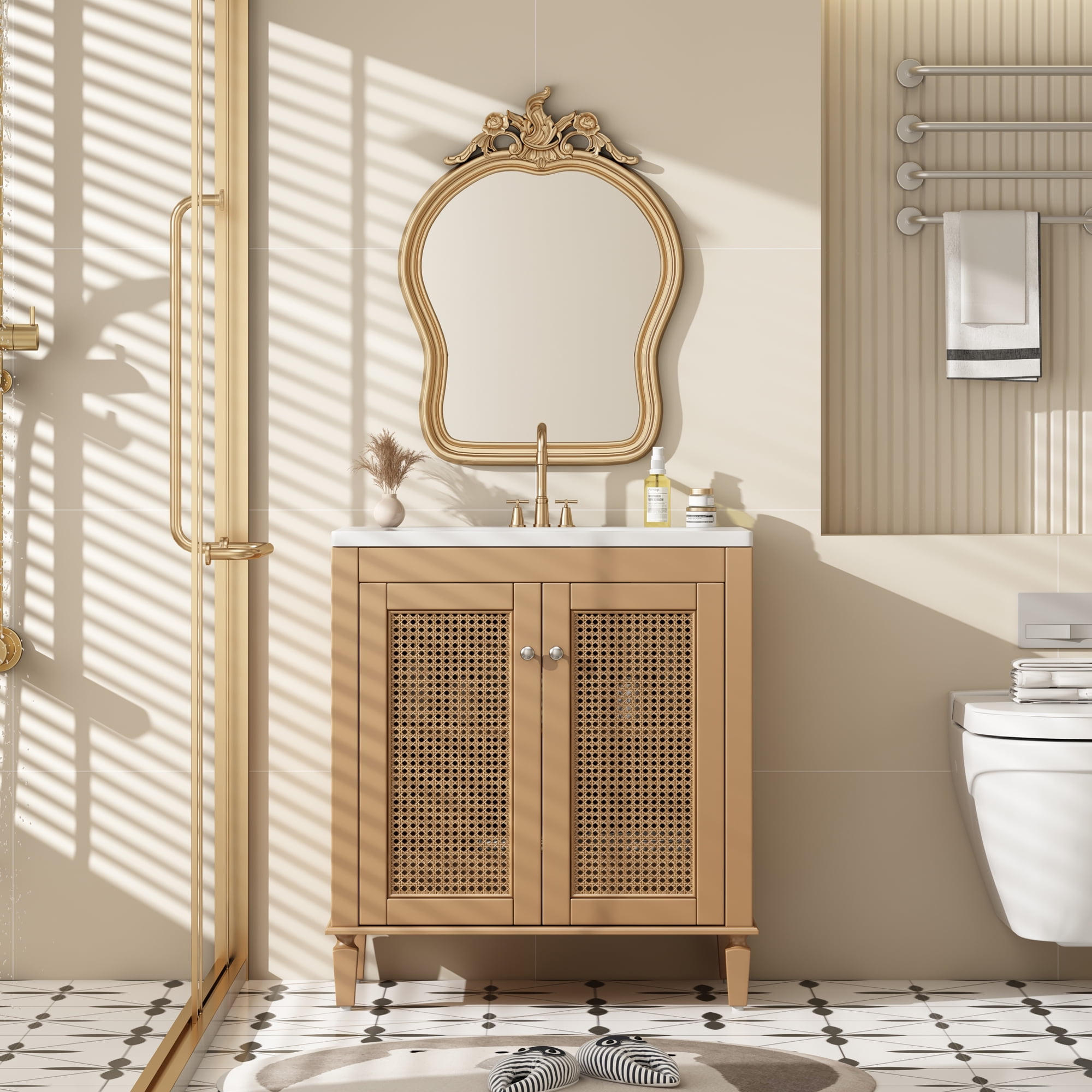 Euroco 30 Inch Bathroom Vanity with Resin Sink, Freestanding Bathroom Vanity Set with Hidden Drawer, Storage Cabinet for Bathroom, Solid Wood Frame Bathroom Cabinet