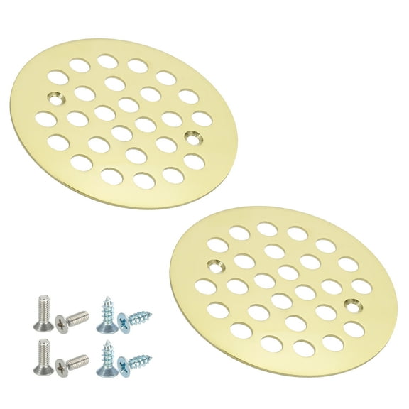 Shower Strainer Drain Trim Set 4-1/4", 2 Pcs 304 Stainless Steel Round Screw-in Shower Strainer Drain Cover with Screw for Bathroom Floor Lawns Landscaped Walkways Patios, Brass