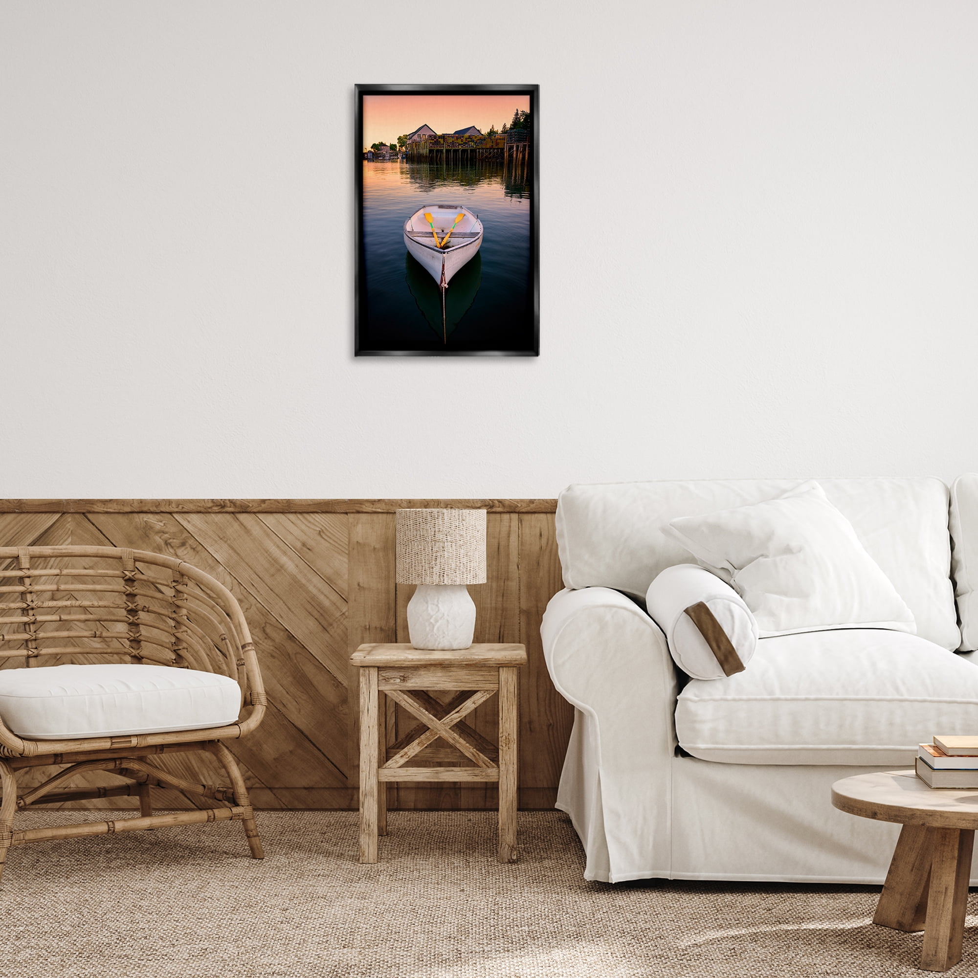 Stupell Industries Docked Rowboat with Oars Transportation Photography Black Floater Framed Canvas Art Print Wall Art, 17 x 25