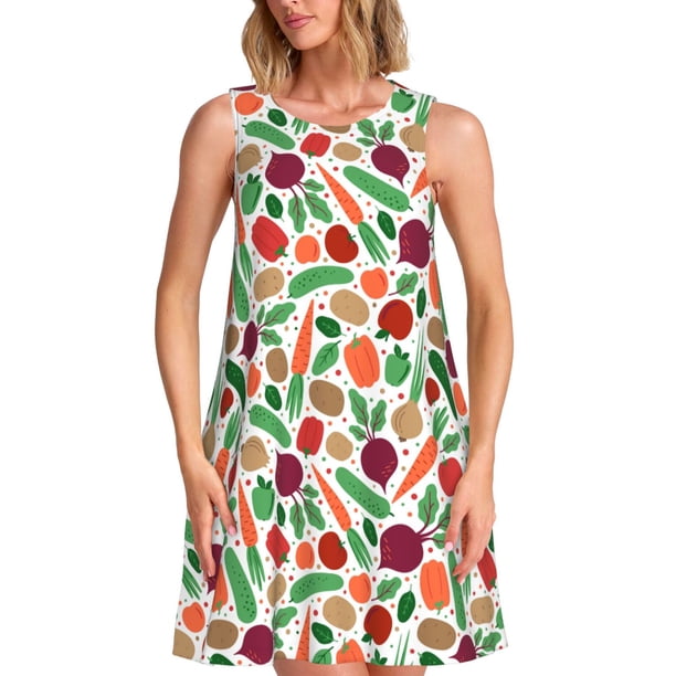 Fotbe Vegetables Vestido de Verano sin Mangas para Mujer – Vestido Midi Línea A, Estilo Camiseta Floral, Vestido Playero Casual y Fluido