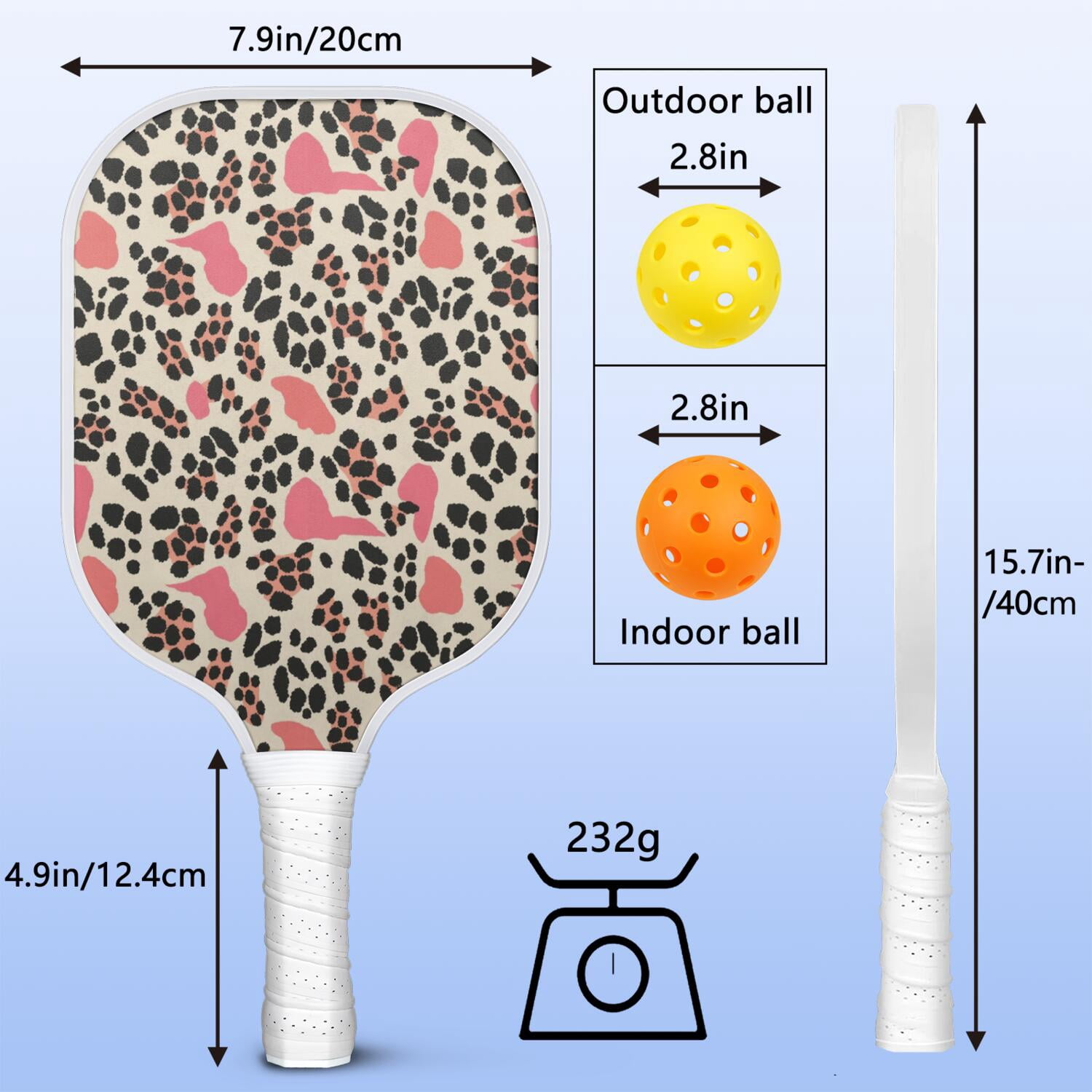 Pickleball Paddles Set Of 1, Fiberglass Surface, Animal, Leopard Print, 1 Paddle, 2 Balls & Bag