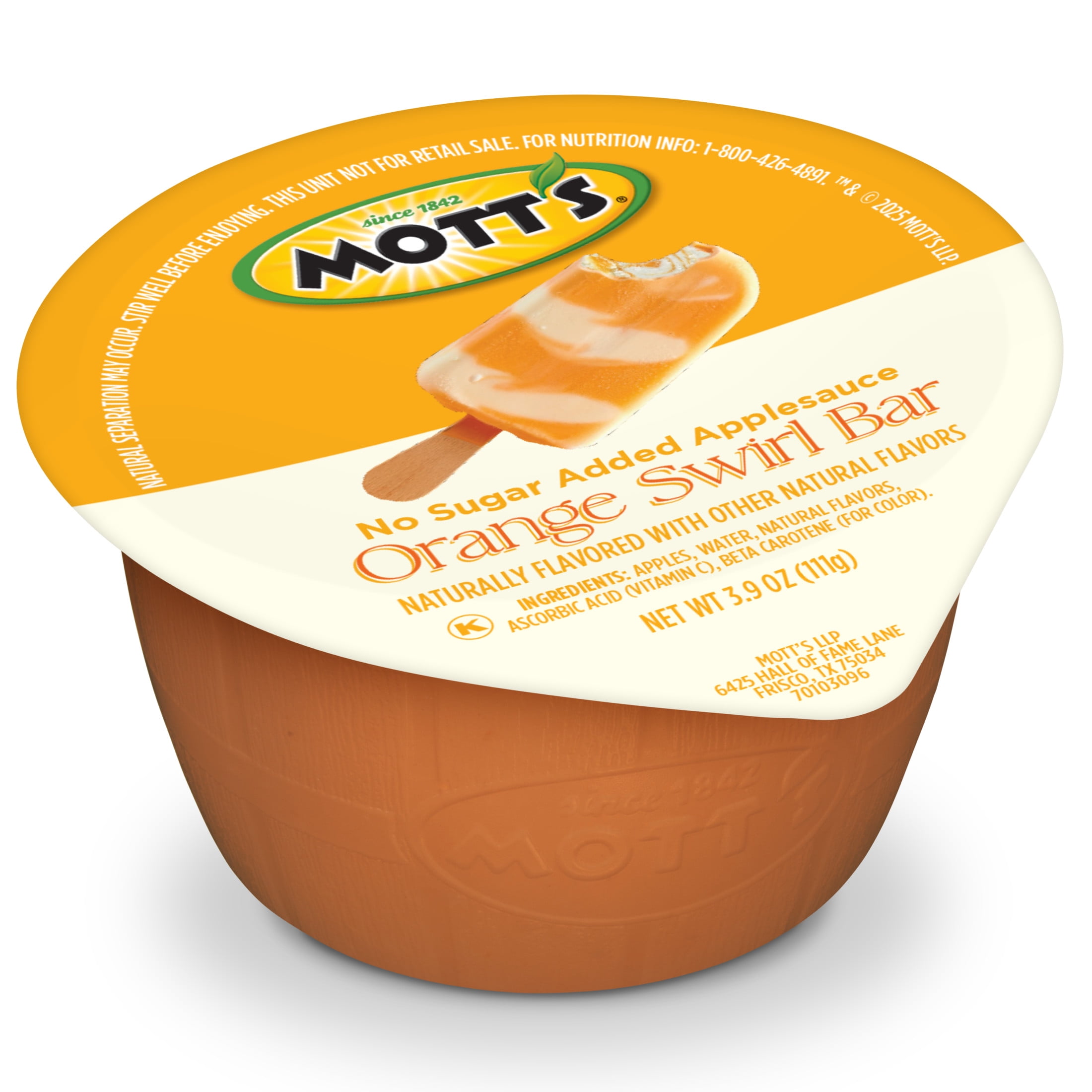 Mott's No Sugar Added Orange Swirl Bar Applesauce, 3.9 oz, 6 Count Cups