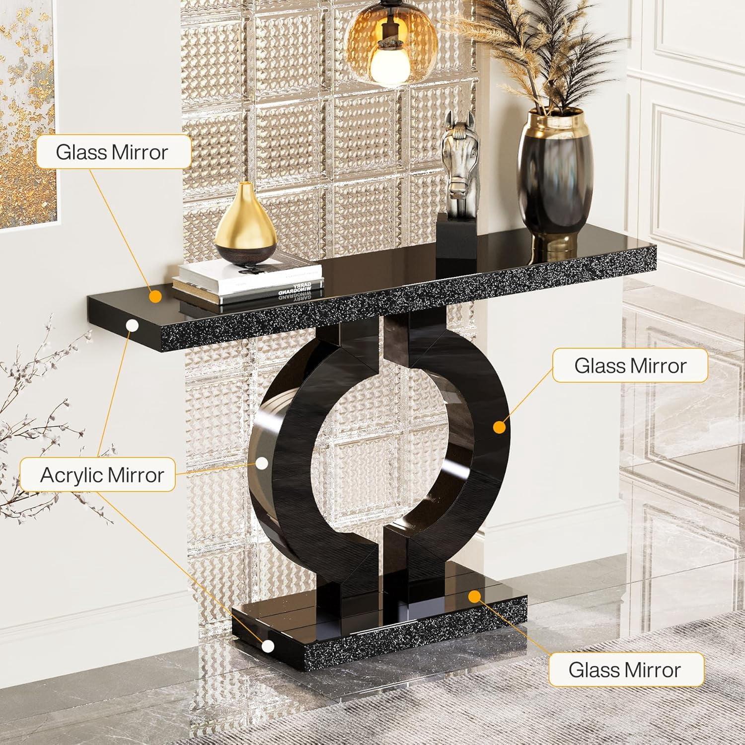 Tribesigns 43-Inch Mirrored Console Table, Modern Black Entryway Table with O-Shaped Base, Glass Sofa Table with Mirror Finish for Living Room Hallway Entrance