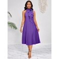 thumbnail image 3 of Purple Halter Neck Midi Dress With 3D Flower And Cascading Ruffle Detail, Loose Elegant Fit For Spring Summer, 3 of 6