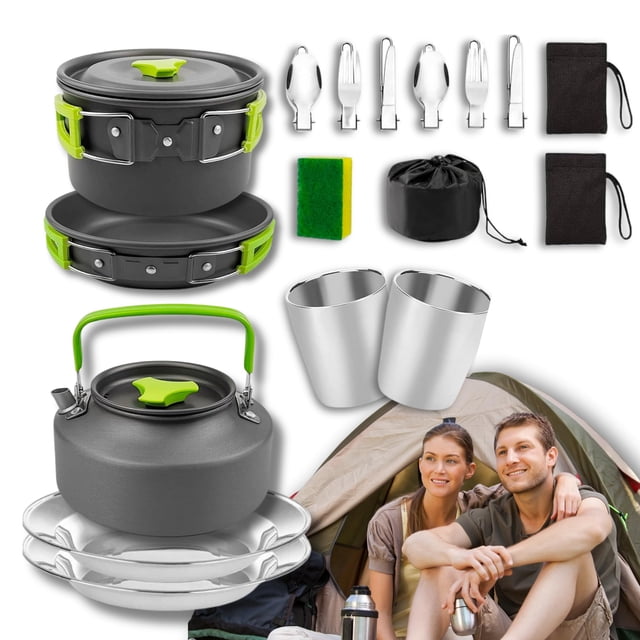 ORZEL Utensilios Cocina Camping - Juego De Ollas De Cocina Y Vajilla Bateria De Cocina De Aluminio Diseño Compacto Comidas Al Aire Libre con Comodidad para Viajes, Trekking Y Campamento
