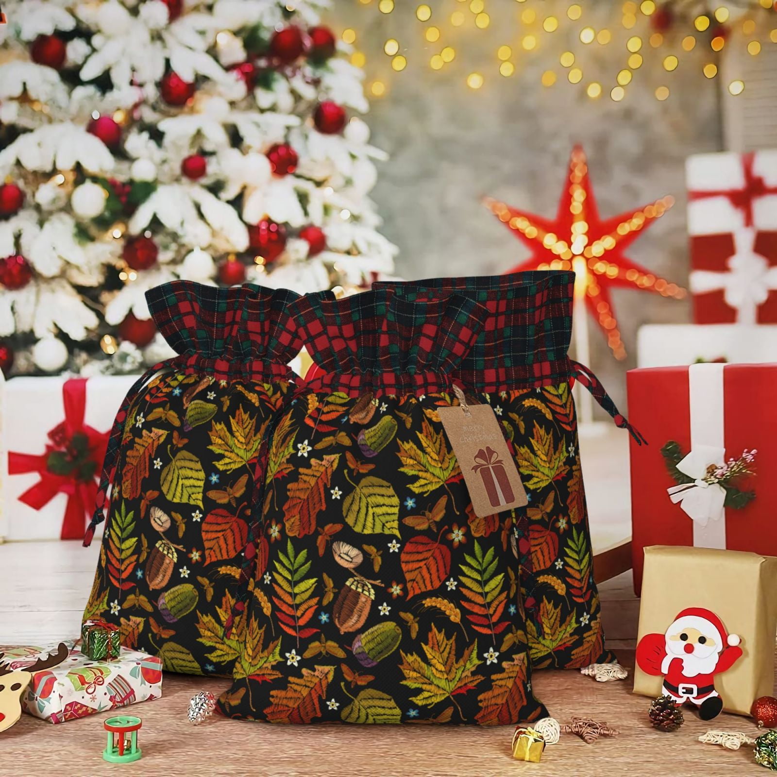 Wukai Vintage Autumn Plants Butterfly Print Christmas Burlap Bags