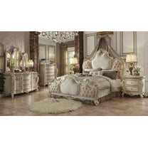 Acme Picardy CK Bed, Fabric & Antique Pearl, Wood, Poly Resin, Upholstered
