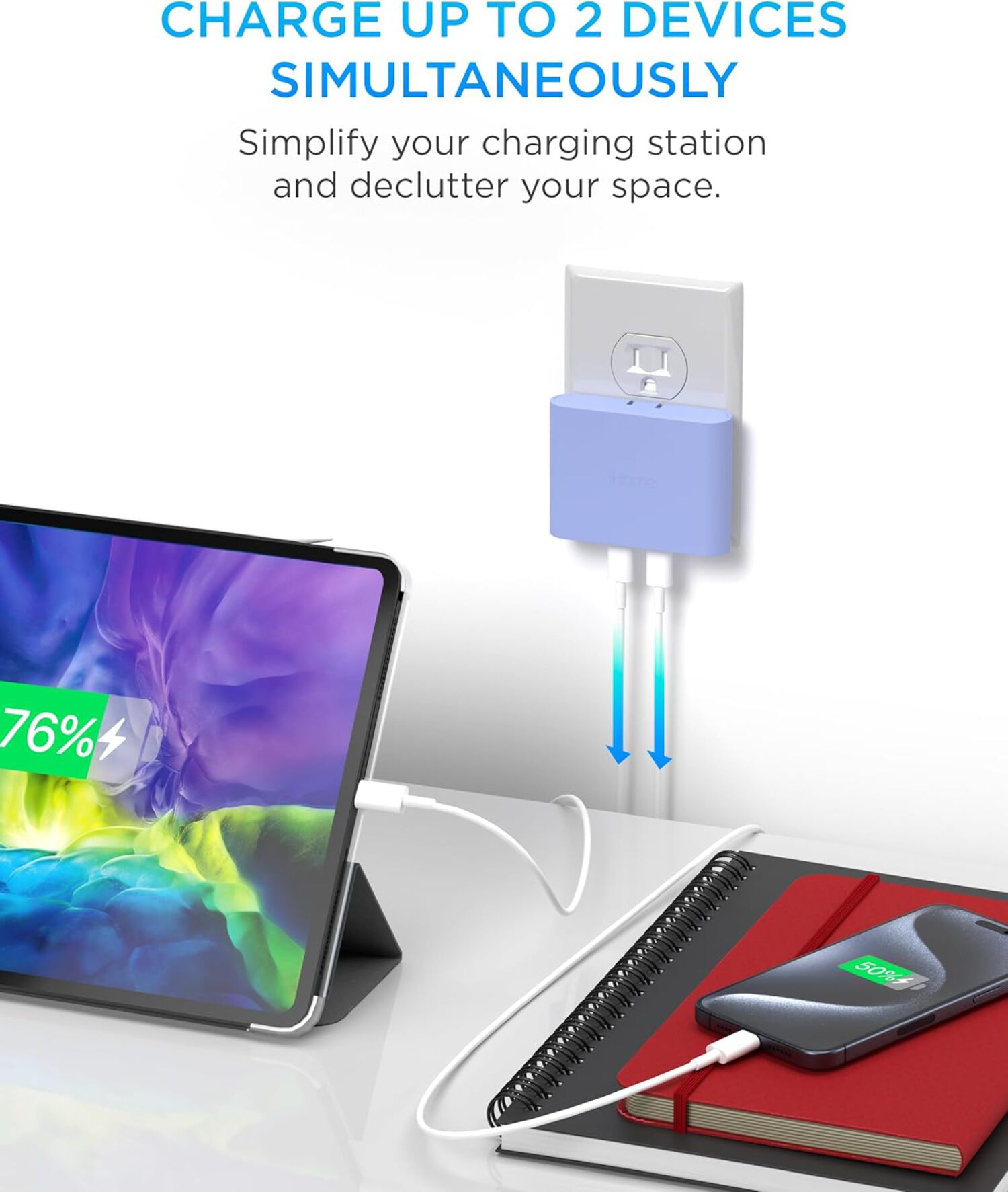 iHome 40W USB-C Multiport Wall Charger, 2-Port AC Adapter, Dual Fast Charging