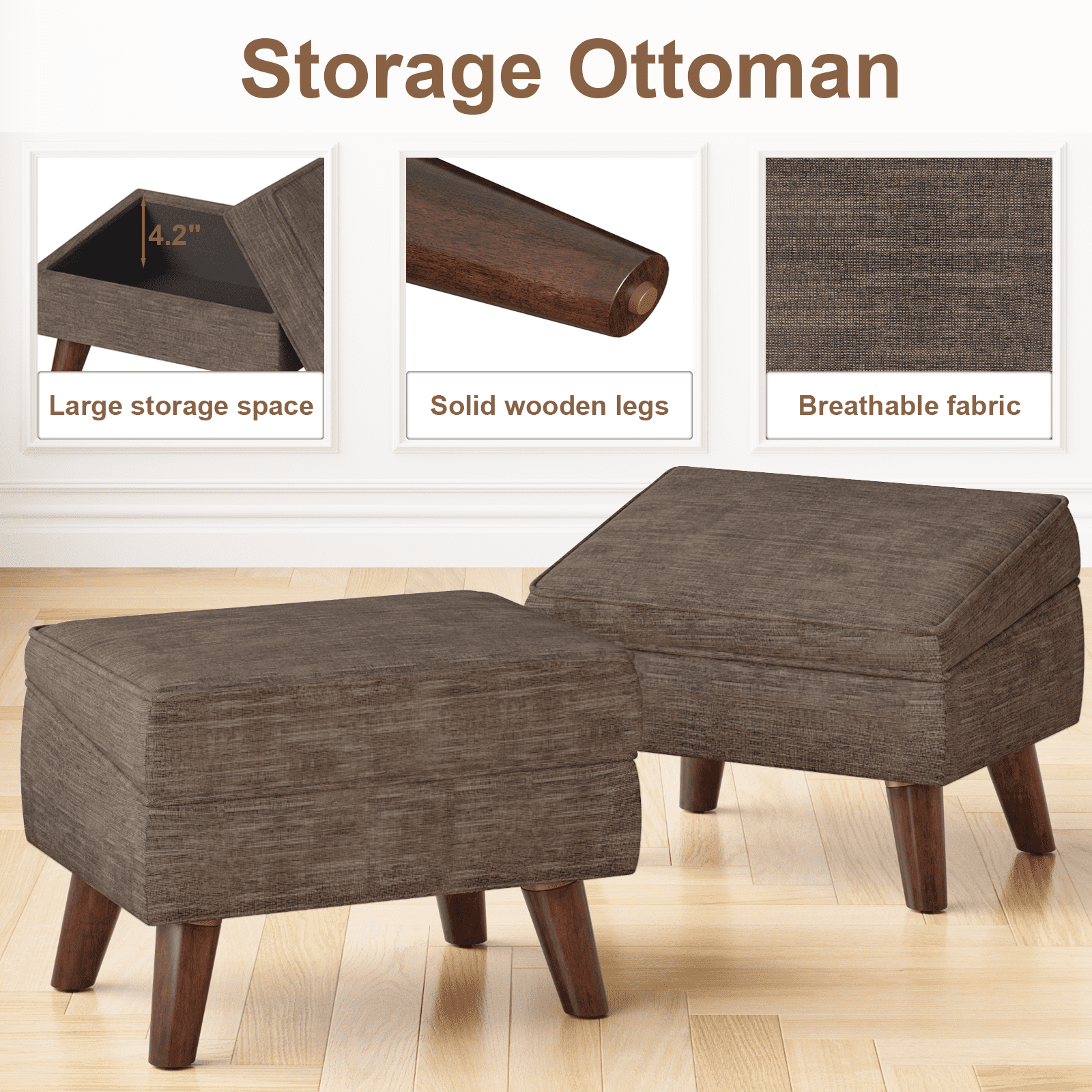 FAGAGA Small Storage Ottoman, Adjustable Foot Stool for Living Room, Step Stool Ottoman with Storage, Upholstered Linen Foot Rest for Bedroom, Dorm | Brown