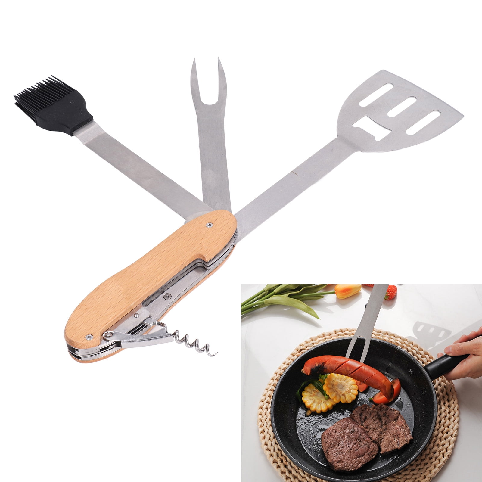 Suodoka 5 in 1 BBQ Tool Set Stainless Steel Foldable Spatula Brush Fork Bottle Opener Multipurpose Portable Grill Combo Kit for Outdoor Cooking and Camping