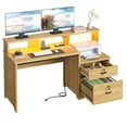 thumbnail image 1 of Bestier 55 inch Computer Desk with Power Outlets & LED Lights, Home Office Desk with Monitor Stand, Printer Shelf & Locking File Drawer, Large Gaming Desk with Storage, Natural Oak, 1 of 9