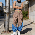thumbnail image 2 of Womens Slouchy Nylon Pants Casual Colorblock Workout Ankle Pants Baggy Wide Leg Track Pants, 2 of 7