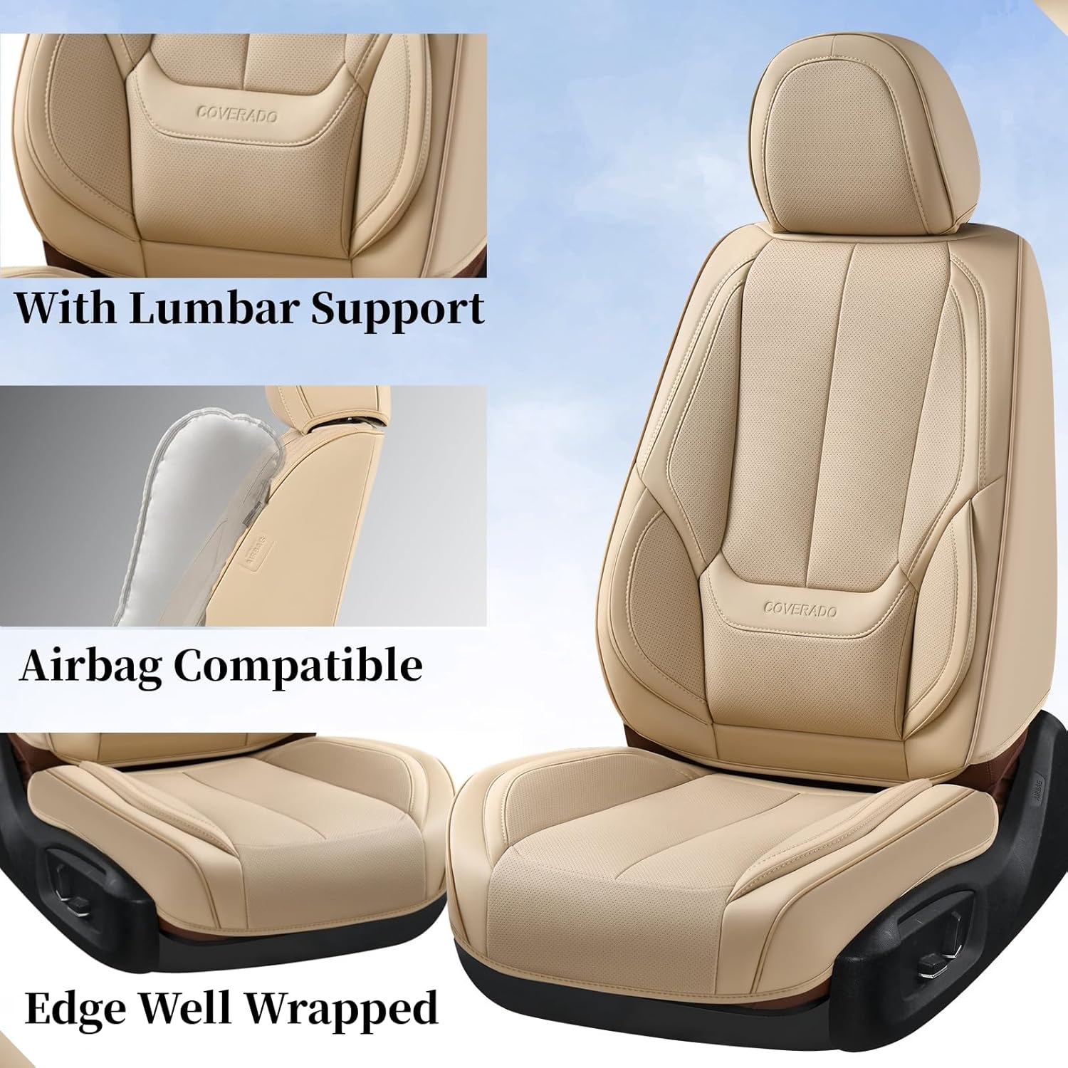 Coverado Beige Front Seat Covers, Faux Leather, Waterproof, Airbag Compatible photo 6